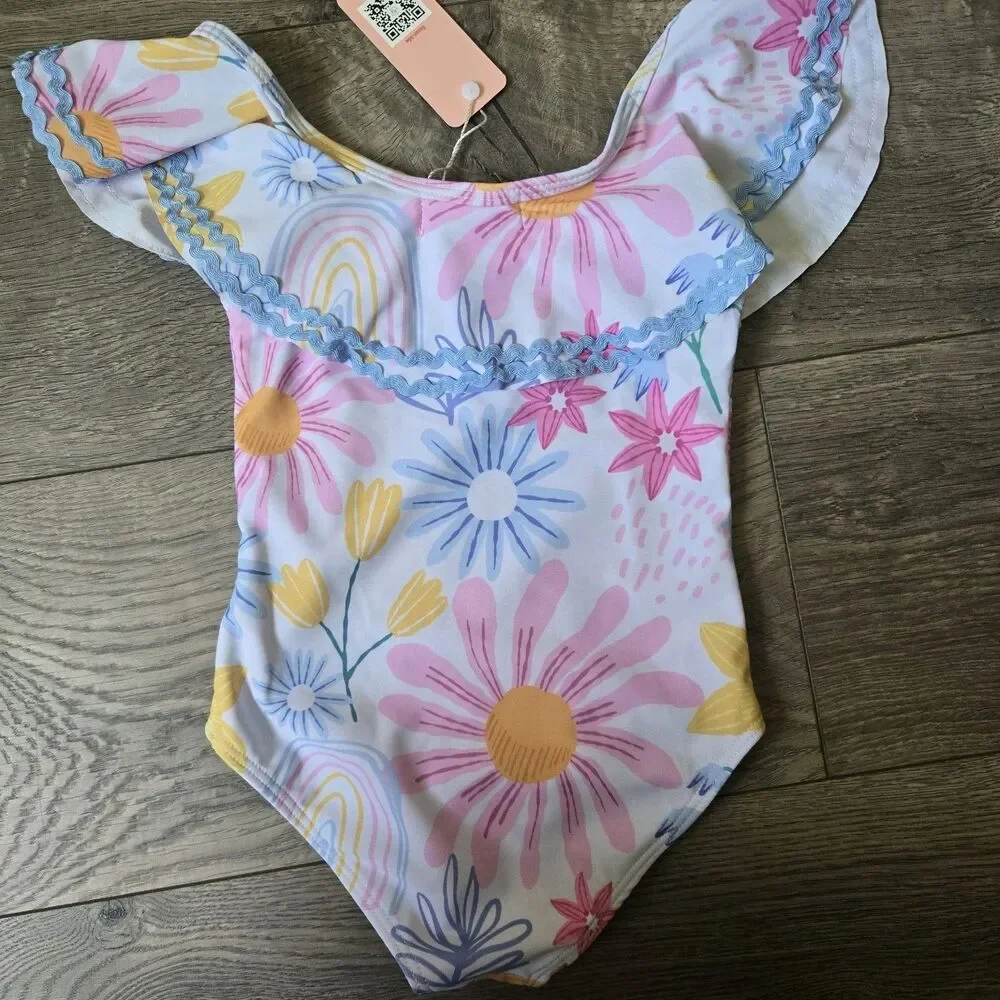 Marie Nicole Clothing Floral One Piece Swimsuit M NWT Pink Yellow Blue Ric Rac